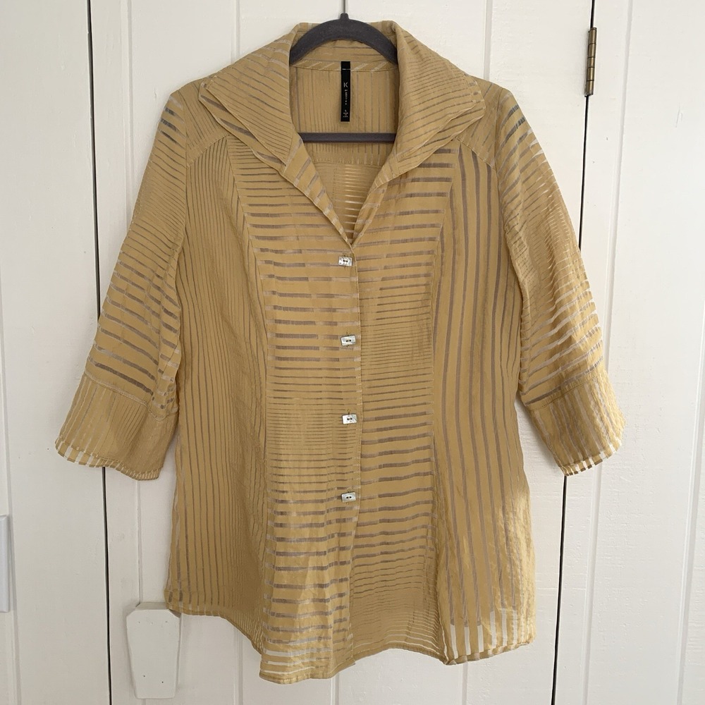 IC By Connie K Artsy Tunic Top Large Lagenlook Button Down Yellow Stripe Bamboo